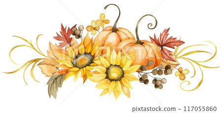 watercolor drawing. autumn composition with harvest, with pumpkins and sunflower flowers in vintage style. thanksgiving card decoration, autumn, harvest festival 117055860