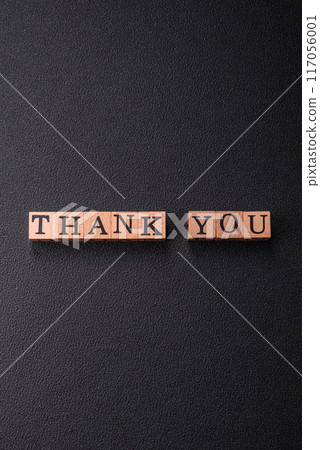 Inscription Thank you with wooden cubes, conceptual background with copy space 117056001