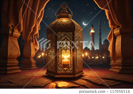 Graphic image showcasing an ornamental Arabic lantern with a candle illuminating a dark background, suitable for festive greeting cards or Ramadan Kareem invitations. Created with generative AI tools 117056518