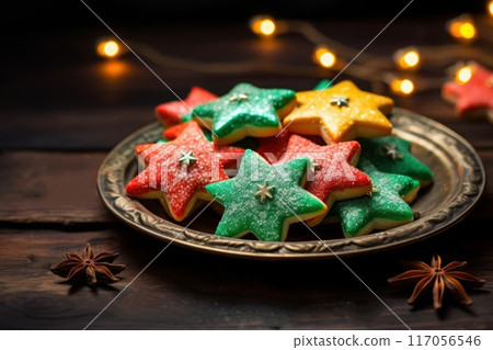 A plate has green, red, and yellow star cookies with sprinkles, Christmas sweets 117056546