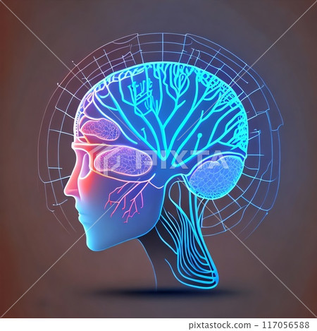 Neural networks in the human brain. Electronic impulses in the head. Work of the human brain. Head and design elements on the subject of intelligence, brain power. Created with generative AI tools 117056588