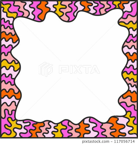 Bold black and colorful wavy lines forming a square frame. Decorative and snake-like border, made by a lot of lines. Isolated colorful illustration, on white background. Vector. Empty space for text. 117056714