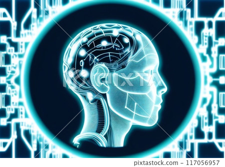 Artificial intelligence. Human head outline with circuit board inside. Technology and engineering concept. Technology web background. Created with generative AI tools Artificial intelligence. Human head outline with circuit board inside. Technology and engineering concept. Technology web background. Created with generative AI tools 117056957