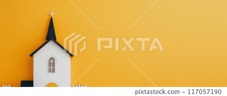 Small White Church With Black Spire Surrounded by Yellow Landscape and Autumn Trees Small White Church With Black Spire Surrounded by Yellow Landscape and Autumn Trees 117057190