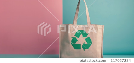 Reusable Shopping Bag With Green Recycling Symbol at a Natural Setting 117057224