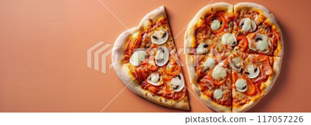 Heart-Shaped Pizza With Toppings Cut Into Slices On A Orange Background 117057226