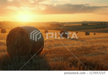 Hay Bales Resting in Golden Field at Sunset 117057237