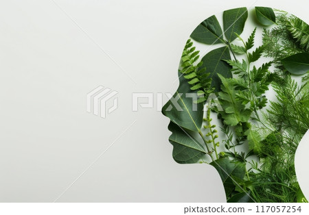 Nature-Inspired Silhouette of a Woman Surrounded by Leafy Green Foliage 117057254
