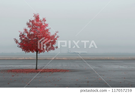 Autumn Tree With Pink Leaves in Foggy Airport Parking Lot 117057259