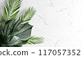 3D Illustration Tropical leaves, monstera plants on light marble background. Summer concept for beauty product presentation, luxury organic cosmetic, skin care. 3D render top view flat lay 117057352