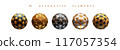Set of 3d Isolated graphic realistic gold, silver, and black balls or spheres on white background close up. 3d rendering 5 geometric elements for design 117057354