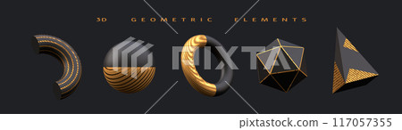 Abstract background with black-golden geometric elements and figures. Set of 3d realistic shape primitives sphere, torus, cone, icosphere isolated on dark background. 3d rendering close up Abstract background with black-golden geometric elements and figures. Set of 3d realistic shape primitives sphere, torus, cone, icosphere isolated on dark background. 3d rendering close up 117057355