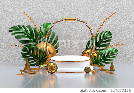 3D stand podium marble. Golden balls and palm leaves on background wall concrete or cement with relief white grey color. 3d rendering 3D stand podium marble. Golden balls and palm leaves on background wall concrete or cement with relief white grey color. 3d rendering 117057356