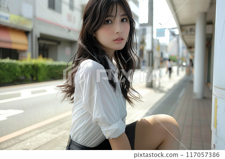 A high school girl in uniform sitting in the street 117057386