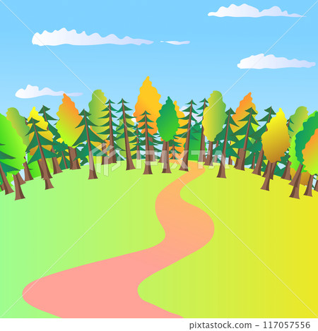 The road through the forest and the field. Banner for inserting agricultural products or your natural product. Vector illustration of a field and a forest in the distance. An empty space in the The road through the forest and the field. Banner for inserting agricultural products or your natural product. Vector illustration of a field and a forest in the distance. An empty space in the 117057556