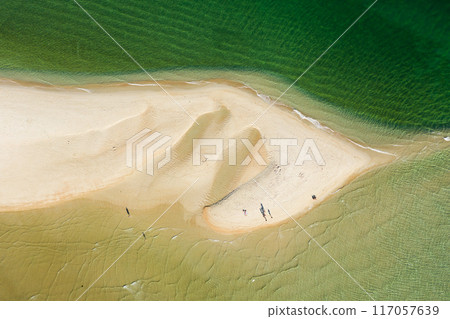 Figueirinha Sandspit Beach and Atlantic Ocean. Portugal. Aerial High Angle View Figueirinha Sandspit Beach and Atlantic Ocean. Portugal. Aerial High Angle View 117057639