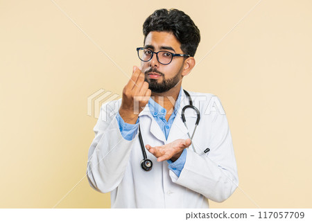 Doctor man rubbing fingers show money cash gesture, take loan, begging, bribery reward, charity Doctor man rubbing fingers show money cash gesture, take loan, begging, bribery reward, charity 117057709