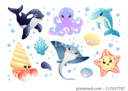 Adorable sea creatures set with cute whale, hermit crayfish, octopus, dolphin, stingray and starfish Adorable sea creatures set with cute whale, hermit crayfish, octopus, dolphin, stingray and starfish 117057787