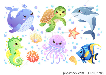 Set of sea animals featuring a cute whale, turtle, shark, seahorse, jellyfish and fish. Hand drawn vector illustration 117057788