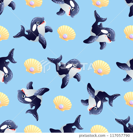 Playful orca whale and seashell seamless pattern on a vibrant blue background. Vector illustration Playful orca whale and seashell seamless pattern on a vibrant blue background. Vector illustration 117057790