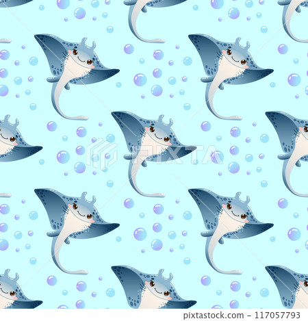Adorable seamless vector pattern featuring cute cartoon stingrays and bubbles on a light blue background 117057793