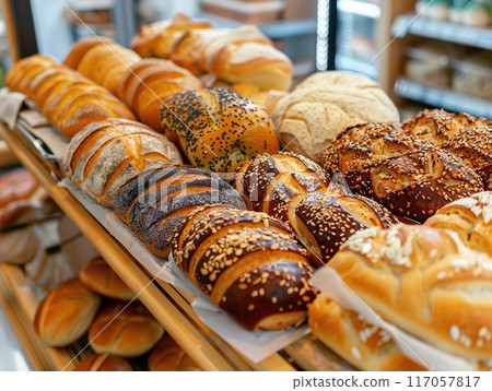 Fresh, crispy bread lies on wooden shelves in the store 117057817