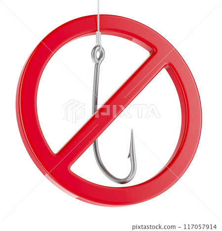 Fishing hook with prohibition sign. No Fishing sign, 3D rendering 117057914