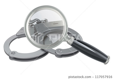Handcuffs with loupe, magnifying glass. 3D rendering 117057916