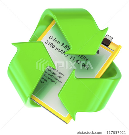 Recycling symbol with Cell Phone Battery. 3D rendering 117057921