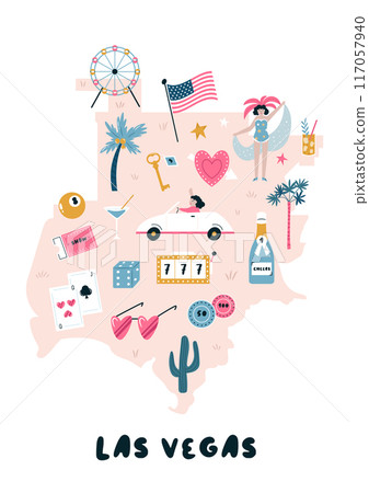 Hand drawn illustrated map with famous symbols of Las Vegas, Nevada Hand drawn illustrated map with famous symbols of Las Vegas, Nevada 117057940