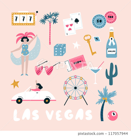Colorful composition, design with famous symbols of Las Vegas, Nevada state, USA. 117057944