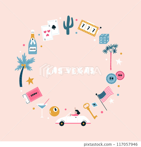 Colorful composition, design with famous symbols of Las Vegas, Nevada state, USA. 117057946