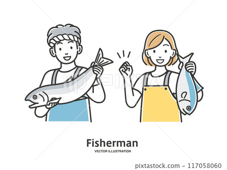 男性和女性漁民與魚的全身插圖 117058060