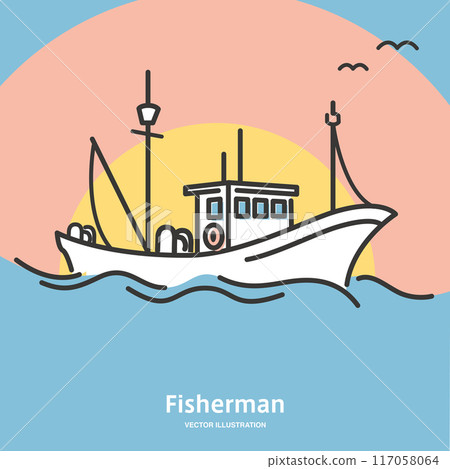 背景為日出的漁船插圖 117058064