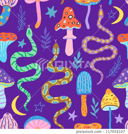 Seamless pattern with snakes and magic mushrooms. Illustration in simple contemporary boho style. Seamless pattern with snakes and magic mushrooms. Illustration in simple contemporary boho style. 117058107