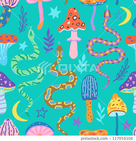 Seamless pattern with snakes and magic mushrooms. Illustration in simple contemporary boho style. Seamless pattern with snakes and magic mushrooms. Illustration in simple contemporary boho style. 117058108