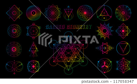 Psychedelic Sacred geometry vector design elements. Alchemy, religion, philosophy, spirituality, luxury hipster symbols. Set collection, spectrum colors signs isolated on black background 117058347