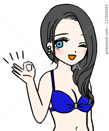 A smiling woman in a blue swimsuit giving an OK sign A smiling woman in a blue swimsuit giving an OK sign 117058563