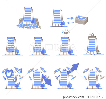 Building real estate illustration set about budding, fire, trading, stock investment, etc. 117058712