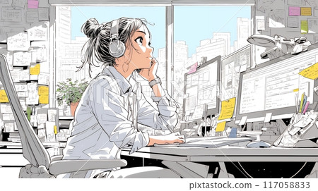 A young woman is planning a project based on numerous notes and audio recordings. A young woman is planning a project based on numerous notes and audio recordings. 117058833