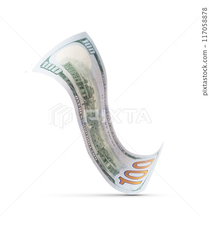 One Hundred Dollar Bill Floating Down To Surface with Drop Shadow Isolated on a White Background. 117058878