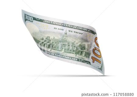 One Hundred Dollar Bill Floating Down To Surface with Drop Shadow Isolated on a White Background. One Hundred Dollar Bill Floating Down To Surface with Drop Shadow Isolated on a White Background. 117058880