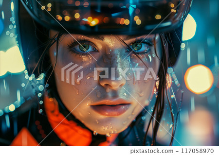 A woman with wet hair and a green eye is captured in a blurry photo A woman with wet hair and a green eye is captured in a blurry photo 117058970