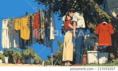 Newlywed couple flirting while doing laundry 117059207