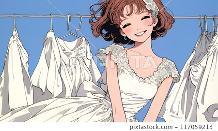 一位年輕女子對試穿新娘禮服感到興奮 117059213