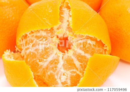 Aoshima mandarin orange, Mikkabi mandarin orange, peeled, white streaks, light background Aoshima mandarin orange, Mikkabi mandarin orange, peeled, white streaks, light background 117059496
