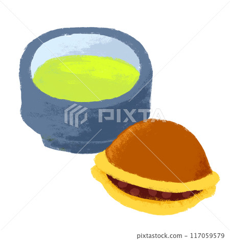 蠟筆觸碰插圖抹茶和銅鑼燒 蠟筆觸碰插圖抹茶和銅鑼燒 117059579