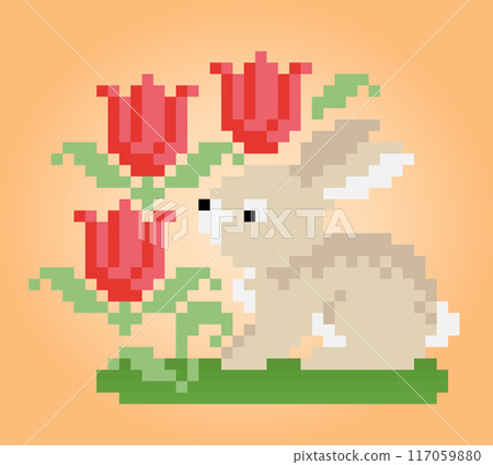 8 bit pixels rabbit and flowers. Animals for game assets and cross stitch patterns in vector illustrations. 8 bit pixels rabbit and flowers. Animals for game assets and cross stitch patterns in vector illustrations. 117059880
