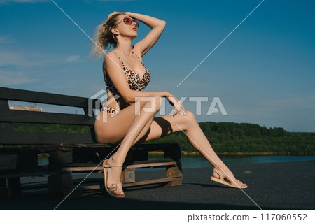 Woman in Bikini Sitting on Bench Woman in Bikini Sitting on Bench 117060552