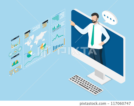 Businessman on computer screen presenting a webinar, seminar and data analysis meeting. Financial expert discussion. Isometric vector illustration eps10 Businessman on computer screen presenting a webinar, seminar and data analysis meeting. Financial expert discussion. Isometric vector illustration eps10 117060747